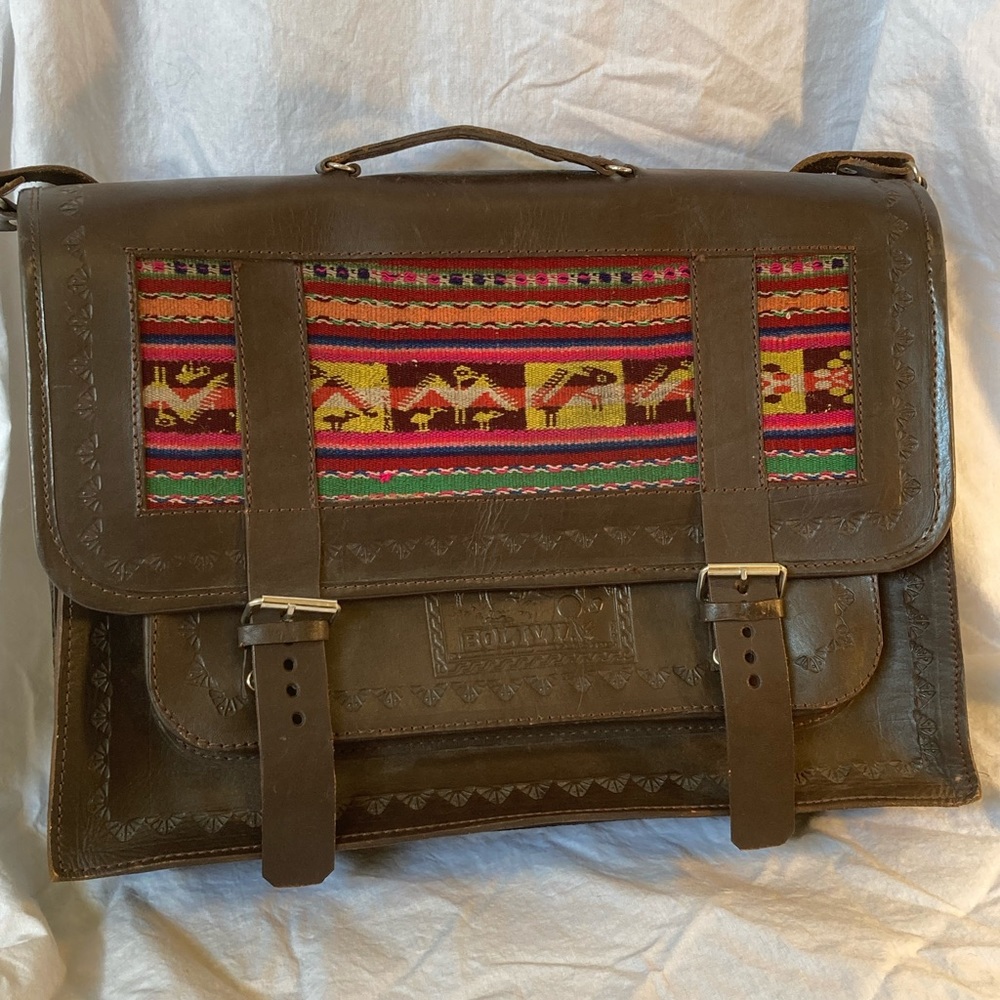 Bolivian leather briefcase with Andean Aguayo wool insert-Handmade